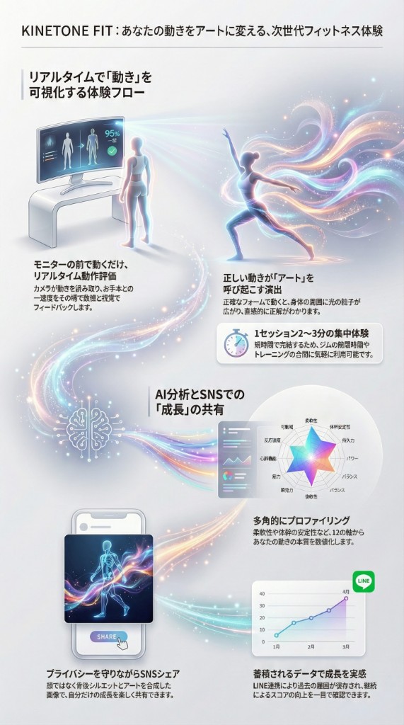 KINETONE FIT 体験フロー：リアルタイム動作評価 → アートエフェクト → AIプロファイリング → SNSシェア → 成長の可視化