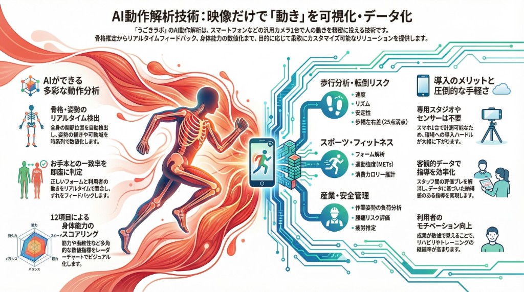 AI動作解析技術概要：映像だけで動きを可視化・データ化するシステム全体図